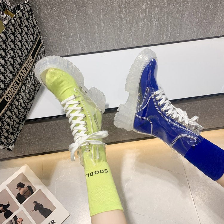 Damen trendige Stiefeletten im transparenten Design mit knalligem Detail R&B