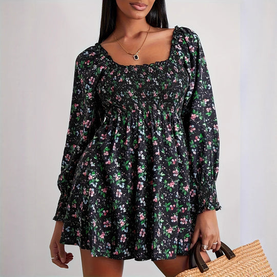 Damen Blumenkleid mit Smock-Details und schwingendem Saum R&B