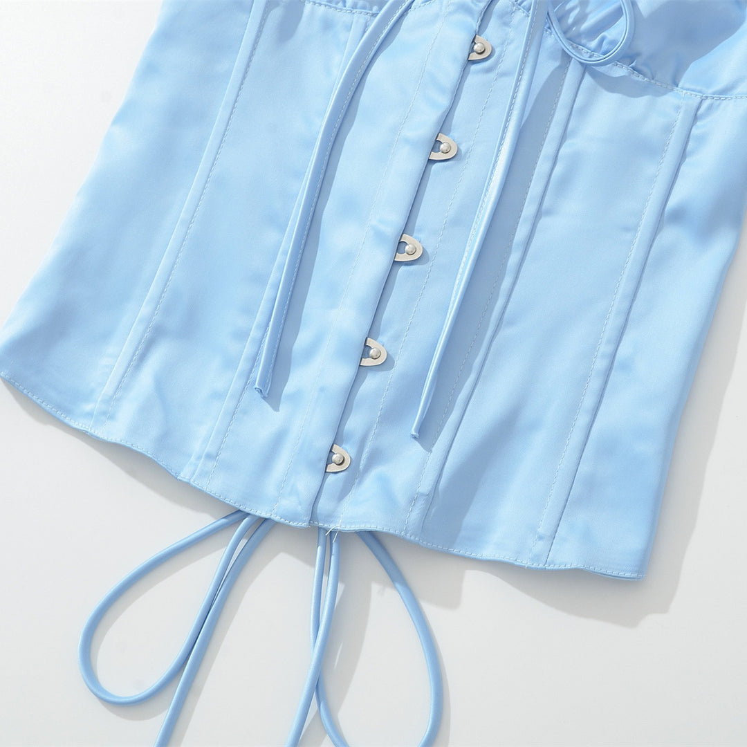 Damen Satin-Nachtkleid mit dekorativen Bindebändern und Knopfleiste R&B