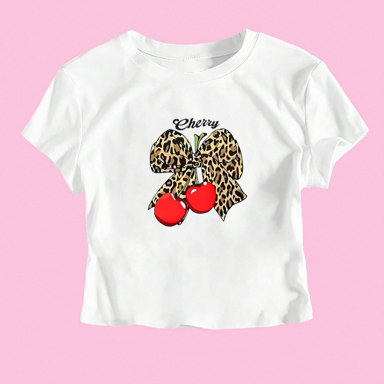 Damen Crop-T-Shirt mit verspieltem Leoparden-Schleifenmotiv und fruchtigem Print R&B