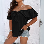 Damen Off-Shoulder Oberteil mit Schleifen-Details und Rüschensäumen R&B