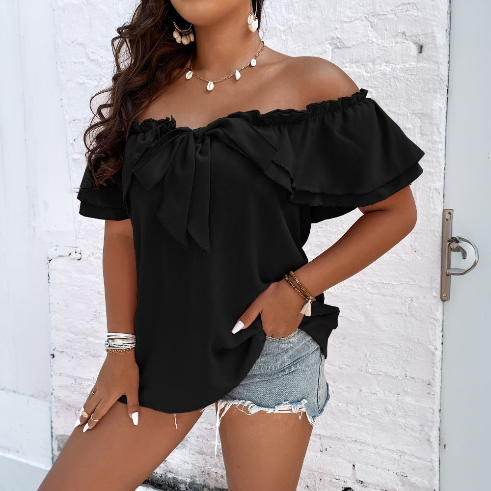 Damen Off-Shoulder Oberteil mit Schleifen-Details und Rüschensäumen R&B