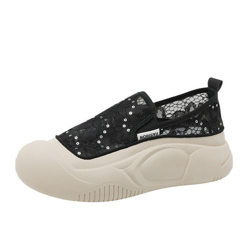 Damen bequeme Slip-On Sneakers mit luftiger Spitze und elastischem Riemen R&B