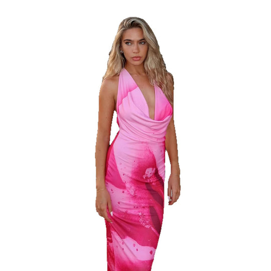 Damen Elegantes Maxikleid mit tiefem V-Ausschnitt und floralem Druckdesign R&B