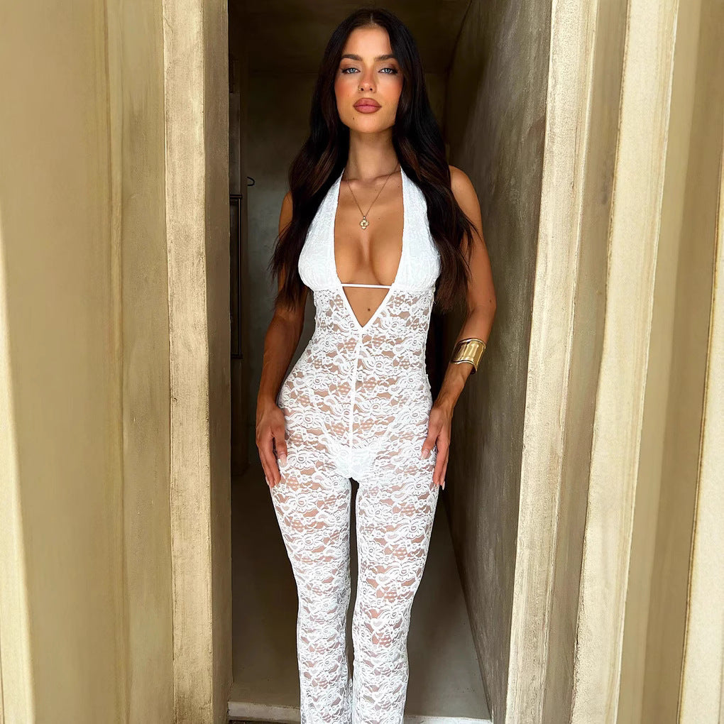 Damen Spitzen-Bodysuit mit tiefem V-Ausschnitt und weitem Bein R&B