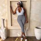 Damen Polka-Dot Jumpsuit mit tiefem V-Ausschnitt und elastischem Material R&B