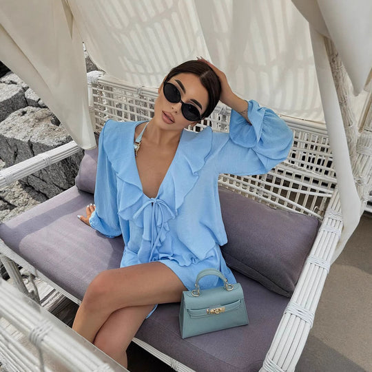 Damen verspieltes Sommerkleid mit Rüschen und tiefem V-Ausschnitt R&B