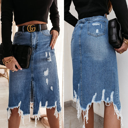 Damen Midirock mit asymmetrischem Saum und Destroyed-Effekten R&B