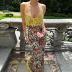 Damen Elegantes Maxikleid mit Spitzenoberteil und animalischem Print R&B