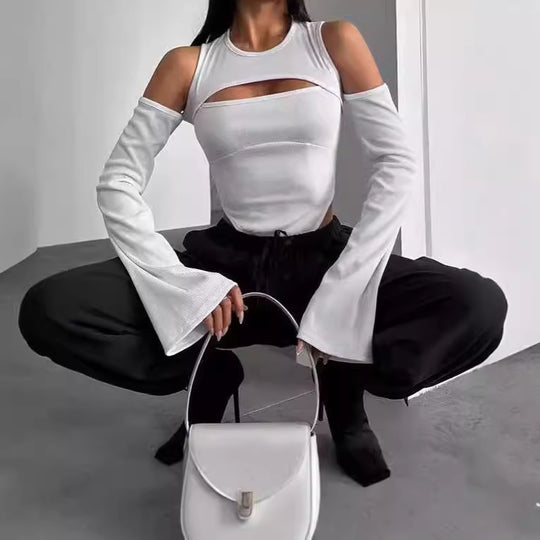 Damen Langarm-Shirt mit innovativem Cut-Out-Design und schmalen Ärmeln R&B