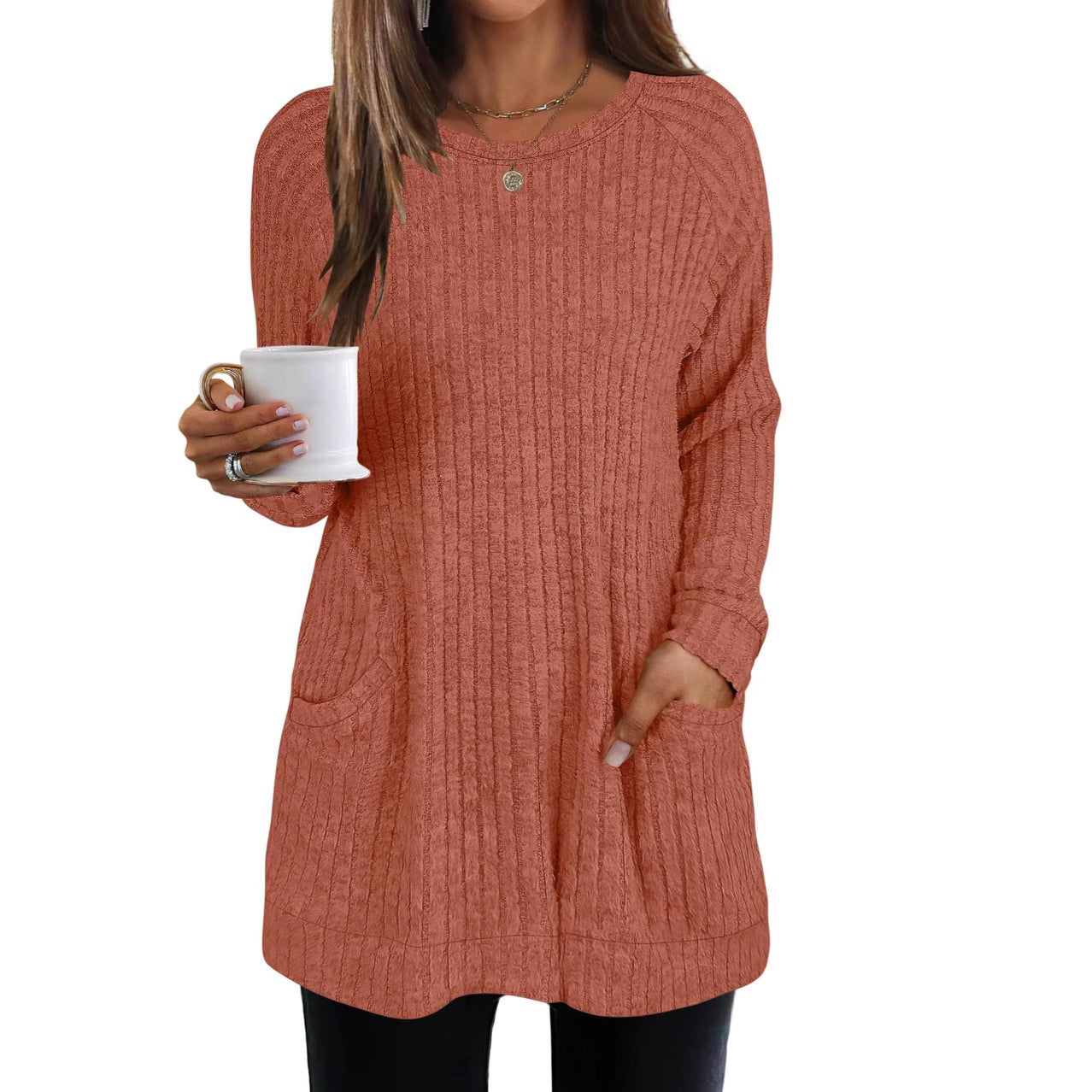 Damen lässiger Strickpullover mit seitlichen Eingrifftaschen und Rippenstruktur R&B