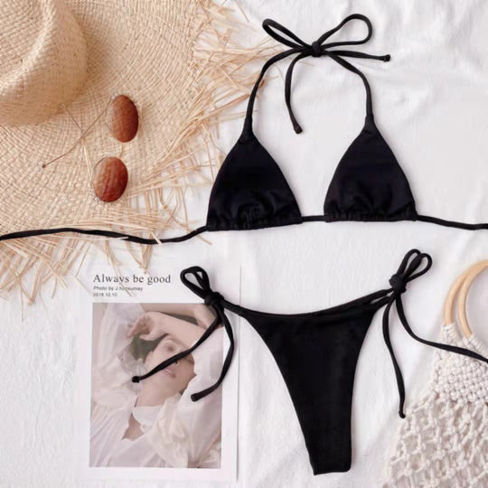 Damen Triangel-Bikini mit verstellbaren Bindebändern und Rippstrick R&B
