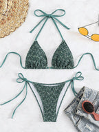Damen Triangel-Bikini mit eleganten Bindändern und rippierter Textur