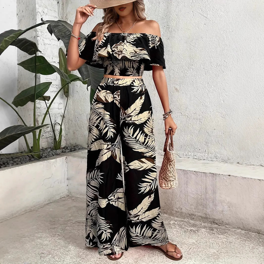 Damen Zweiteiliges Palmwedel-Outfit mit schulterfreiem Top und weitem Schnitt R&B