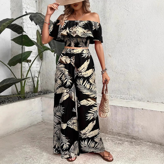 Damen Zweiteiliges Palmwedel-Outfit mit schulterfreiem Top und weitem Schnitt R&B