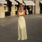 Damen elegantes Maxikleid mit Halter-Ausschnitt und fließendem Satin-Stoff R&B
