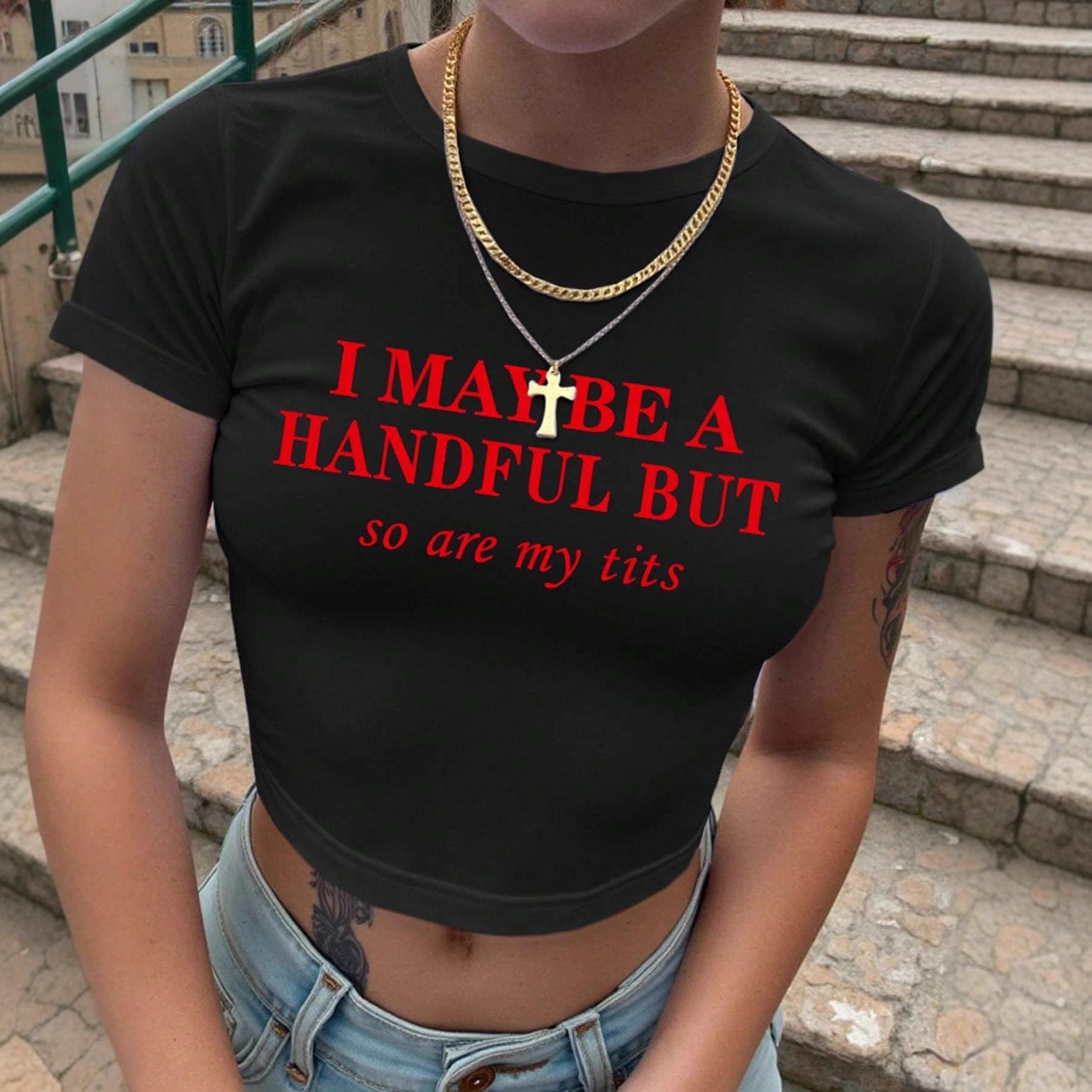 Damen Crop-T-Shirt mit witzigem Schriftzug R&B