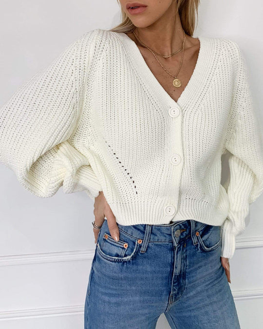 Damen Kurzstrickjacke mit tiefem V-Ausschnitt und Knopfdetails R&B