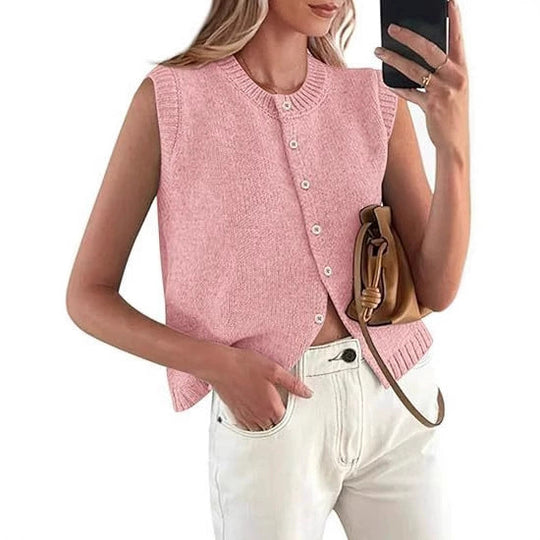 Damen lässige Strickweste mit Knopfleiste und Rundhalsausschnitt R&B
