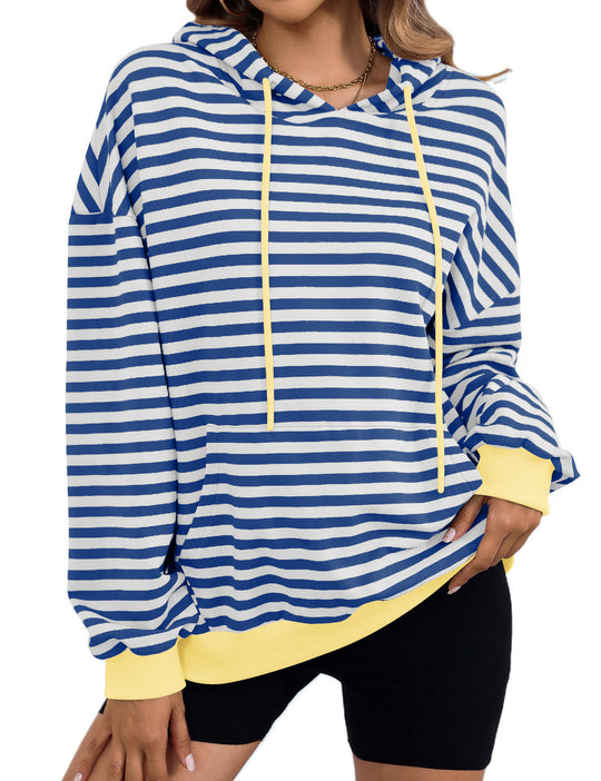 Damen gestreifter Kapuzenpullover mit stylischer Kängurutasche R&B