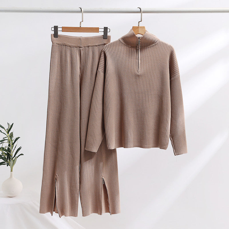 Damen lässiges Strickensemble mit hohem Kragen und seitlichen Schlitzen R&B