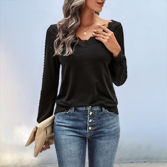 Damen Elegantes Oberteil mit Spitzendetails und Rundhalsausschnitt R&B