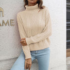 Damen Strickpullover mit hohem Kragen und Zopfmuster R&B