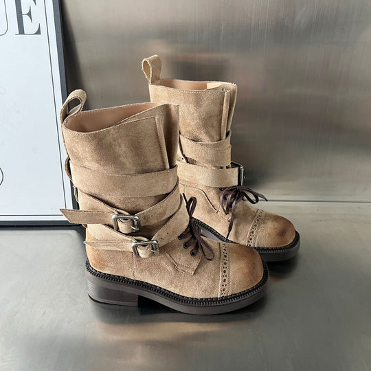 Damen elegante Stiefel mit modischen Schnallen und verstellbaren Riemen R&B