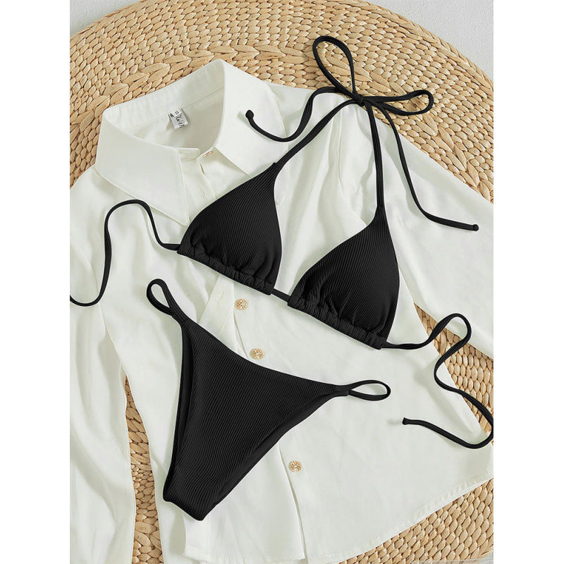 Damen Triangel-Bikini-Set mit verstellbaren Schnüren und feinem Strukturmuster R&B