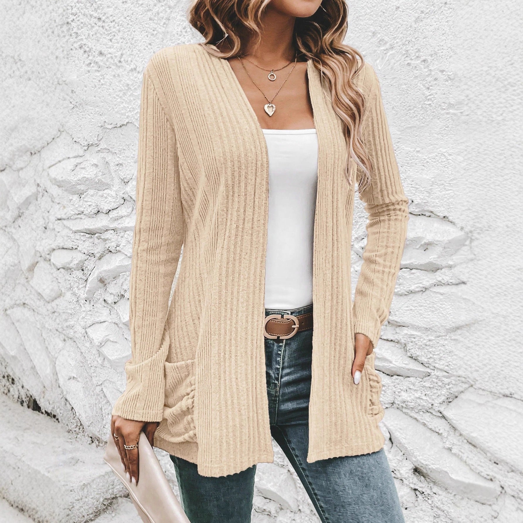 Damen Strickjacke mit langen Ärmeln und seitlichen Taschen R&B