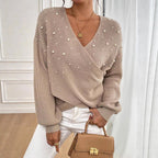 Damen offener Strickpullover mit Perlendetails R&B