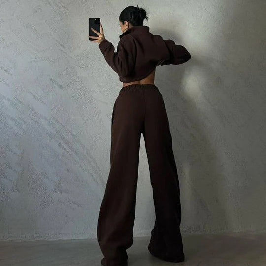 Damen cropped Sweatjacke mit hohem Kragen und Reißverschluss R&B