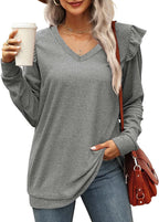 Damen V-Ausschnitt Langarmshirt mit Rüschendetails und lockerem Schnitt R&B