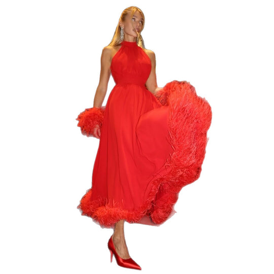 Damen Maxikleid mit eleganten Federn und hochgeschlossenem Design R&B
