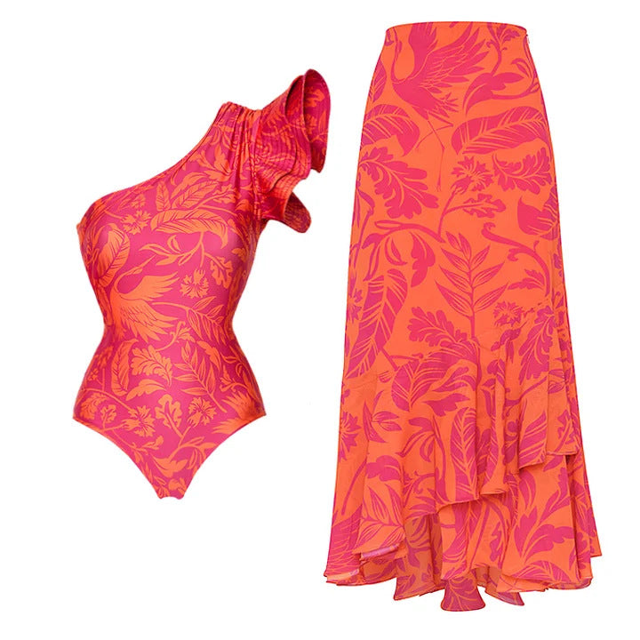 Damen Bikiniset mit voluminösem Rüschendesign und passendem Maxirock R&B