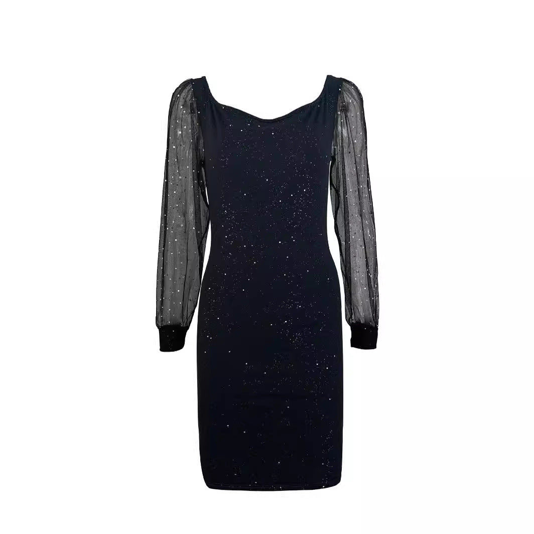Damen figurbetontes Abendkleid mit transparenten Ärmel und funkelnden Details R&B