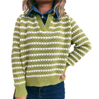 Damen Strickpullover mit tiefem V-Ausschnitt und markantem Streifenmuster R&B