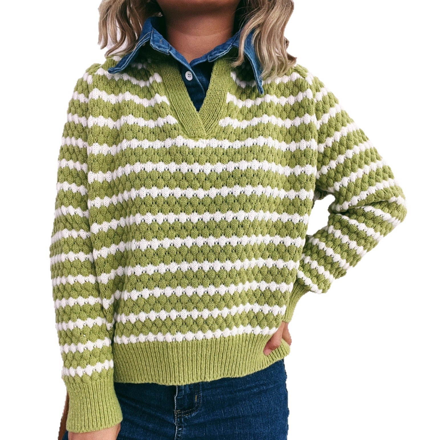 Damen Strickpullover mit tiefem V-Ausschnitt und markantem Streifenmuster R&B