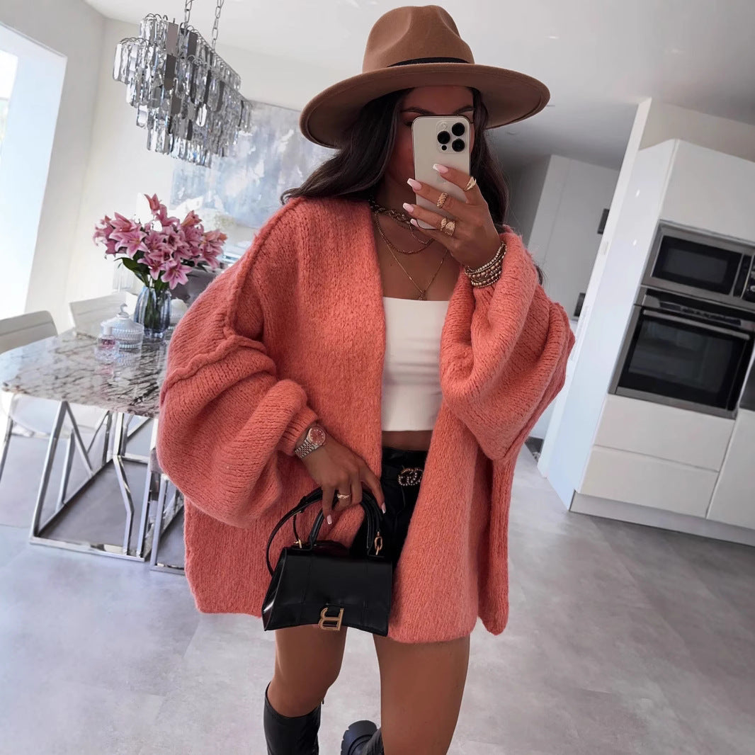 Damen oversized Strickjacke mit lässigen Ballonärmeln und strukturiertem Material R&B