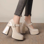 Damen Plateau High Heel Pumps mit breitem Blockabsatz R&B
