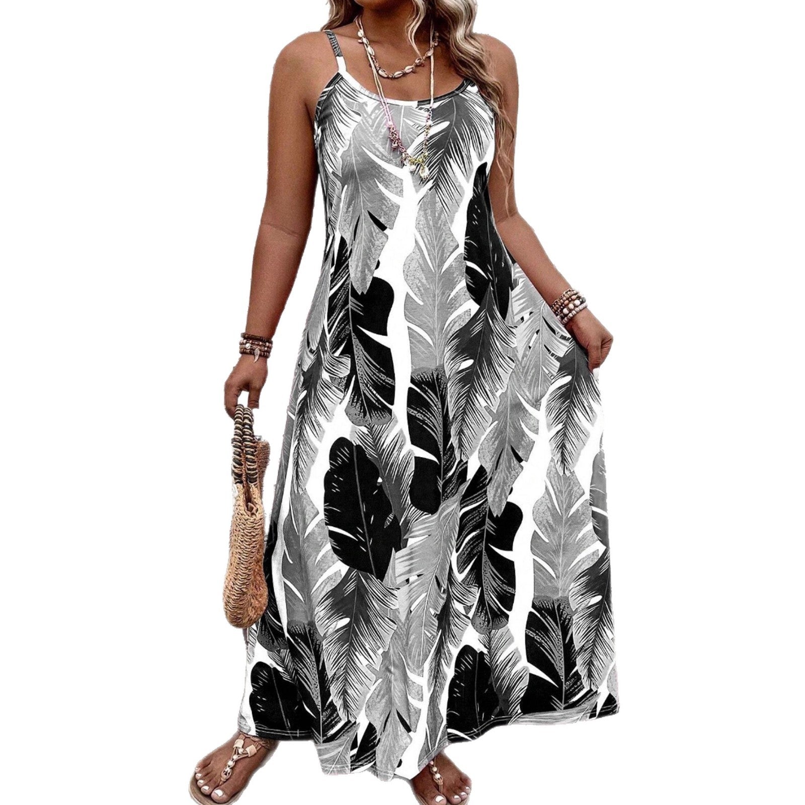 Damen Maxikleid mit aufregendem Blattmuster und schmalen Trägern R&B