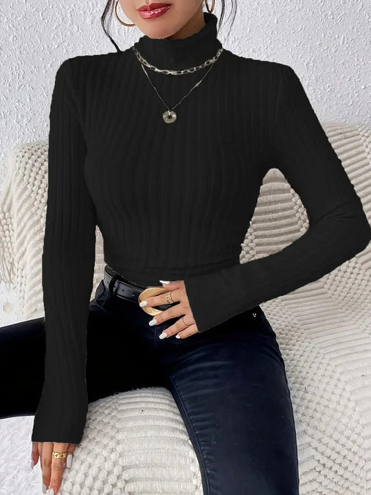 Damen Langarm Rollkragenpullover mit feinen Rippdetails R&B