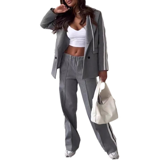 Damen nan sportlich-elegantes Blazer-Zweiteiler mit Kapuzenblazer und weiter Trainingshose mit seitlichem Streifen R&B