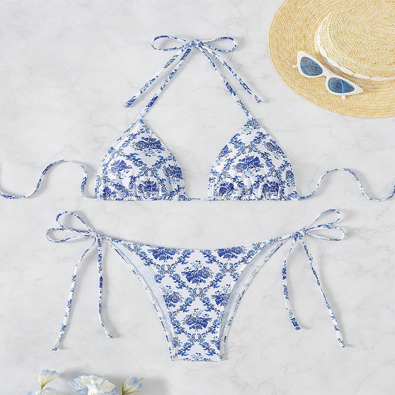 Damen Triangel-Bikini mit modischem Blütenmuster und verstellbaren Trägern R&B