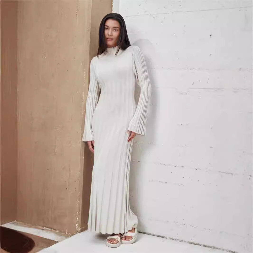 Damen Maxikleid mit elegantem Rippdesign und hochgeschlossenem Kragen R&B