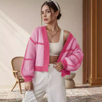 Damen Grobstrickjacke mit voluminösen Ärmeln und modernem Karomuster R&B