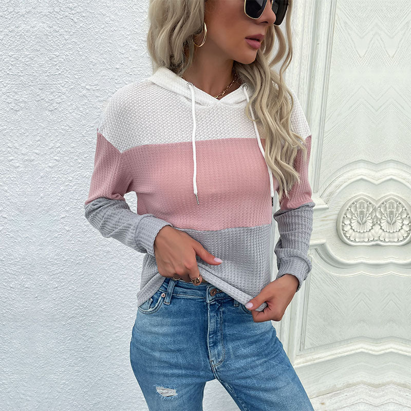 Damen Waffelstrick-Kapuzenpullover mit modischem Farbblockdesign R&B