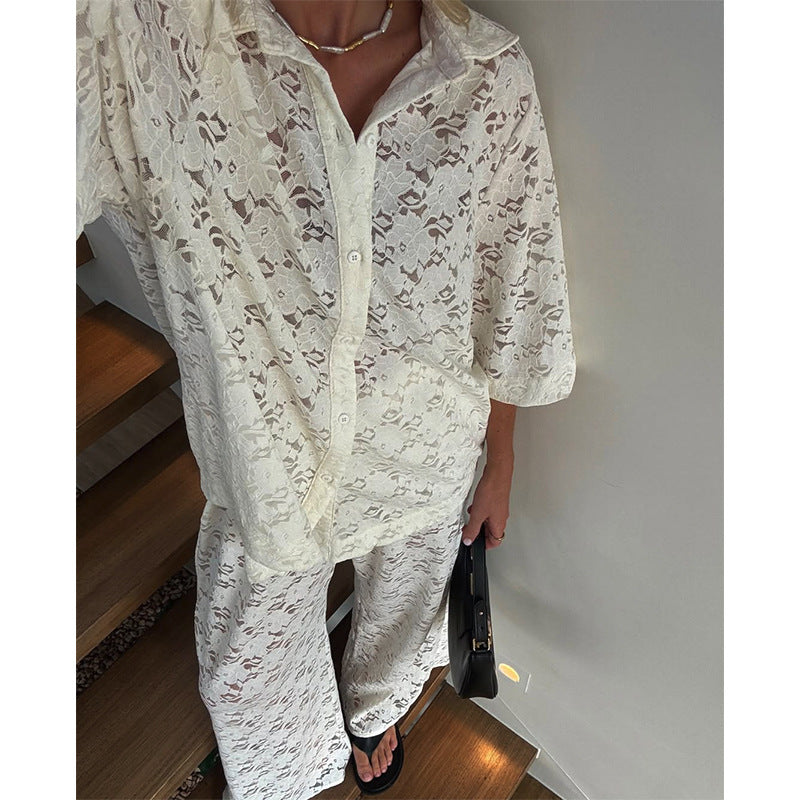 Damen oversized Hemdblusen-Set mit floralen Details R&B