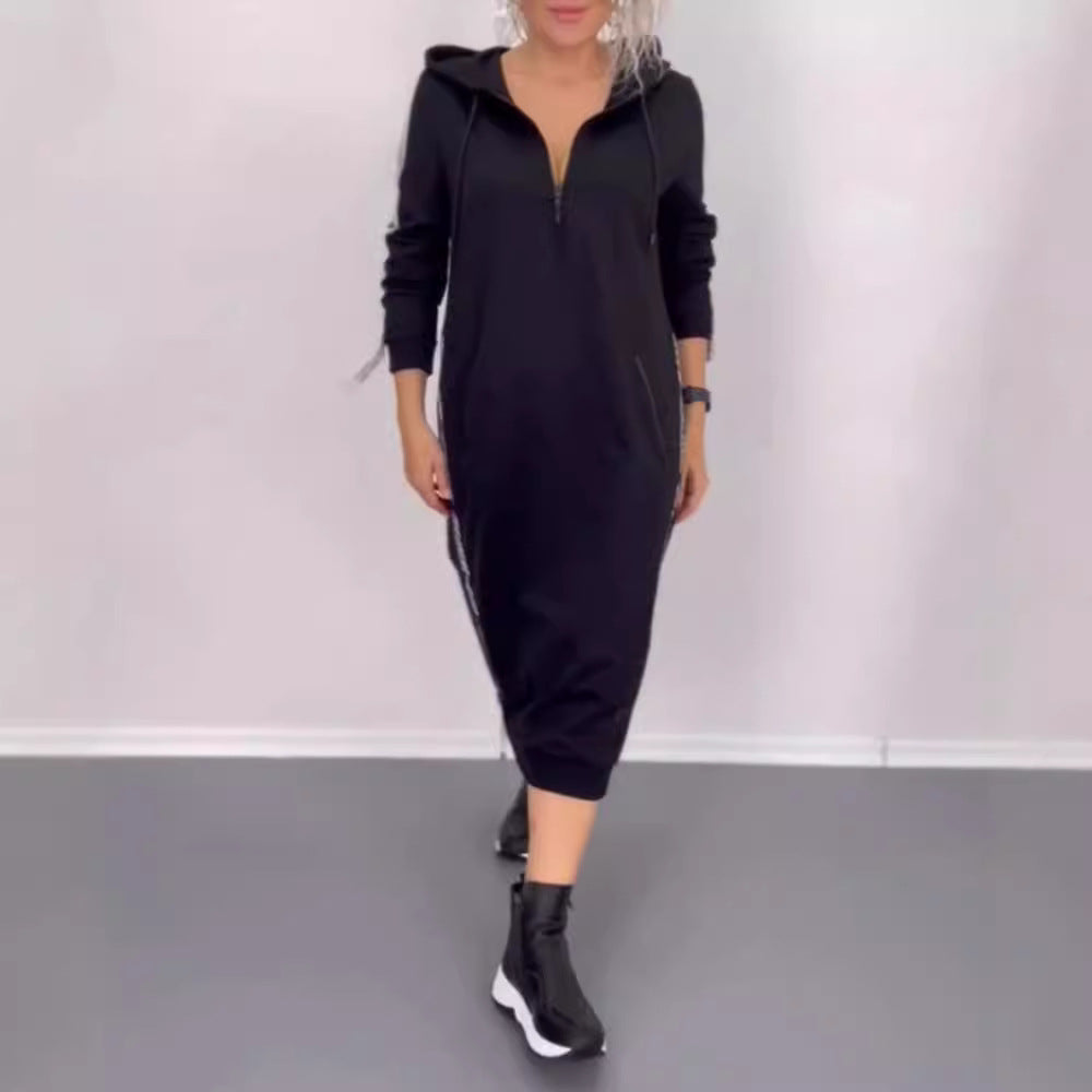 Damen nan knöchellanges Kapuzen-Sweatkleid mit Halbzip, Kängurutaschen und seitlicher Zierpaspel R&B