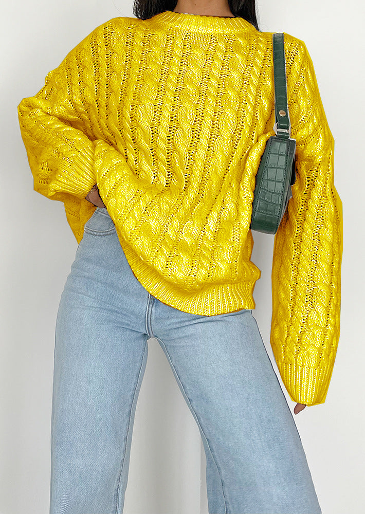 Damen grob gestrickter Pullover mit Zopfmuster und weitem Schnitt R&B